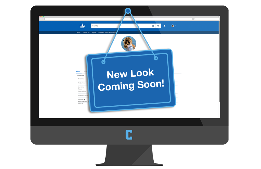 Online alumni community website on laptop with new look coming soon sign