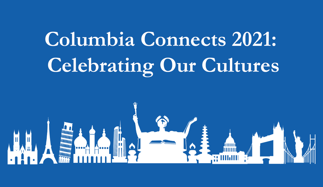 Columbia Connects 2021 text and ALMA in front of a global city