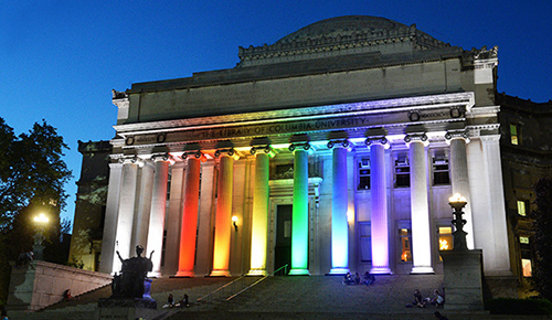 Low Library lit up in Rainbow colors